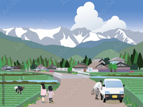 田舎の農家風景と人
