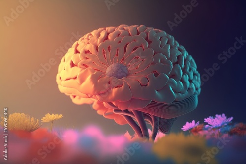 3D Human Brain organ made with flowers, healthy living, nutritional diet, Generative AI