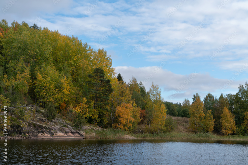 Lake Ladoga near the village Lumivaara on a sunny autumn day, Ladoga skerries, Republic of Karelia, Russia