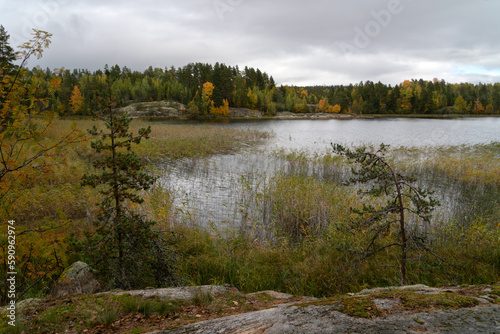 View of the Lake Ladoga near the village Lumivaara on a cloudy autumn day, Ladoga skerries, Republic of Karelia, Russia