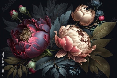 Beautiful baroque flower. Garden flowers with leaves on a dark background. Roses, tulips, and peonies in pastel pink and white. A really high end look and feel, Generative AI