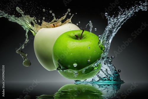 fresh green apple with water droplets. Generative AI photo