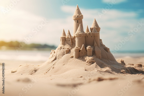 Beach sandcastle background created with Generative AI technology photo