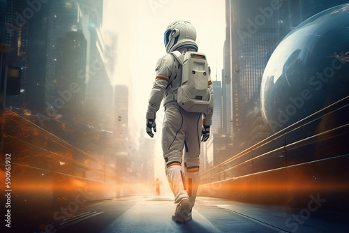 Astronaut walking into future. Futuristic, modern, AI. Created using generative AI.