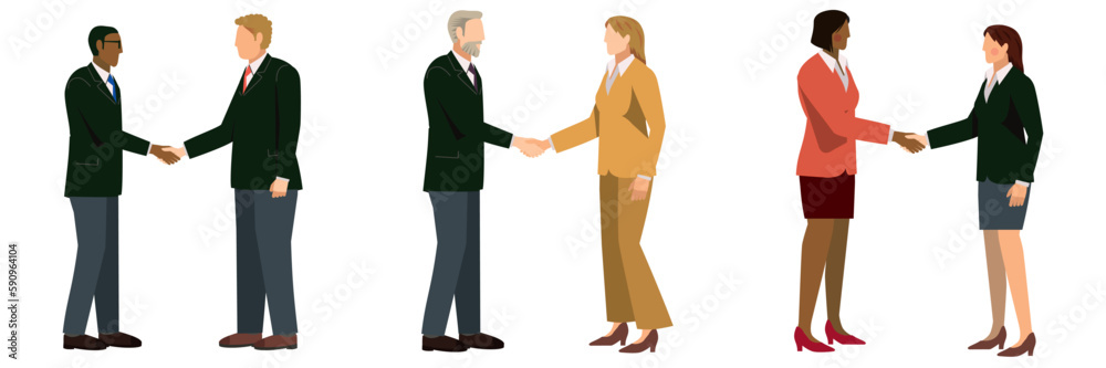 握手をする多民族のスーツ姿のビジネスマンのイラストセット　ビジネスイメージ商談