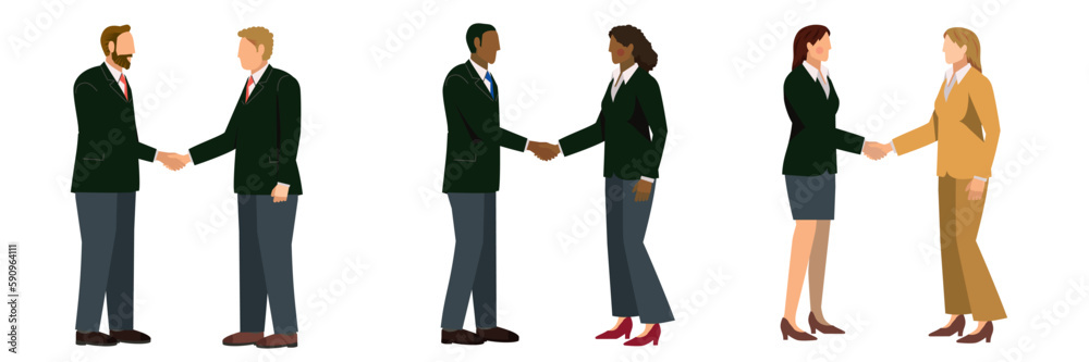 握手をする多民族のスーツ姿のビジネスマンのイラストセット　ビジネスイメージ商談