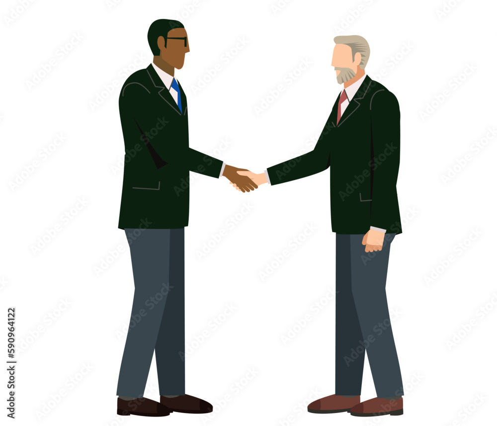 握手をするスーツ姿の黒人男性とスーツ姿のシニア男性のイラスト ビジネスイメージ商談 握手をするスーツ姿の黒人男性とスーツ姿のシニア男性のイラスト ビジネスイメージ商談