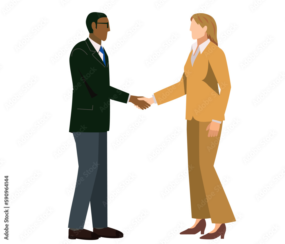 握手をするスーツ姿の黒人男性とスーツ姿の白人女性のイラスト　ビジネスイメージ商談