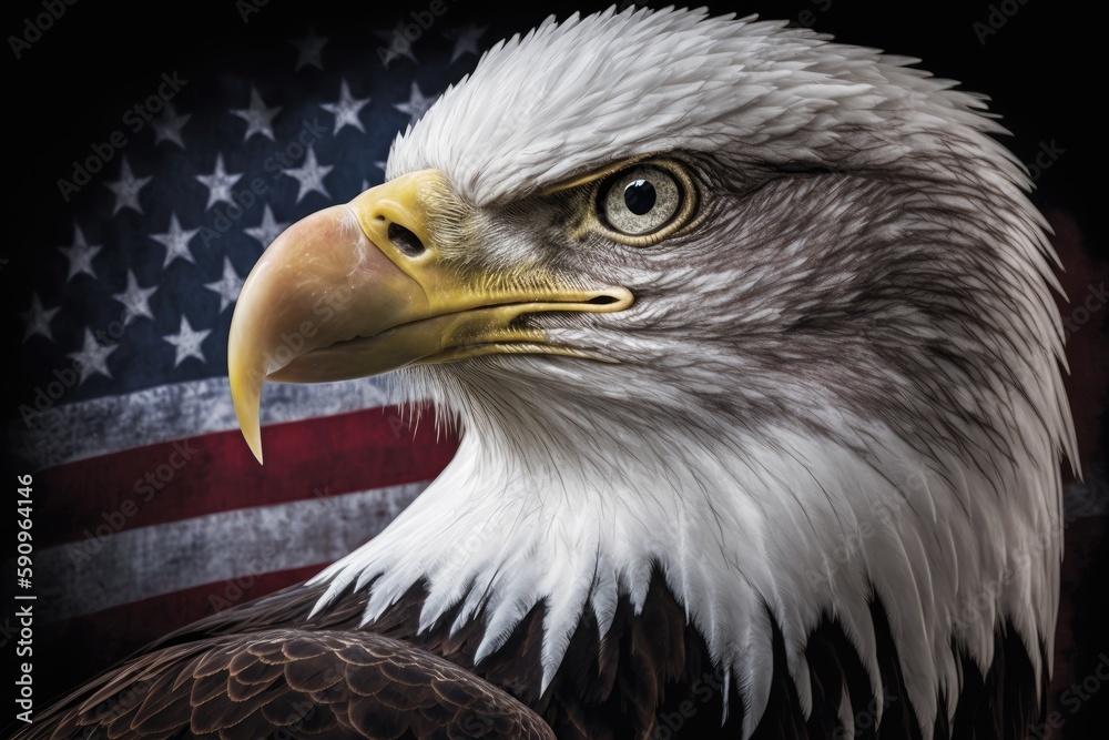Naklejka premium majestic bald eagle with the American flag as the backdrop. Generative AI