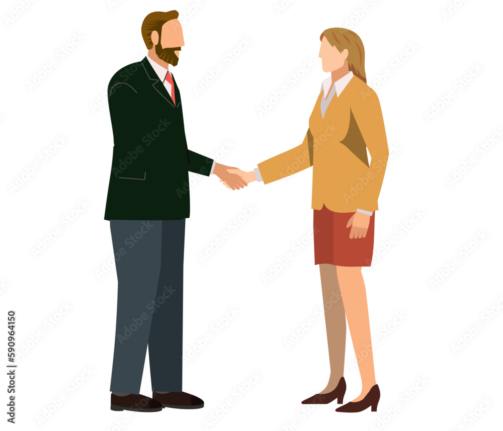 握手をするスーツ姿のヒゲの男性とスーツ姿の白人女性のイラスト　ビジネスイメージ商談