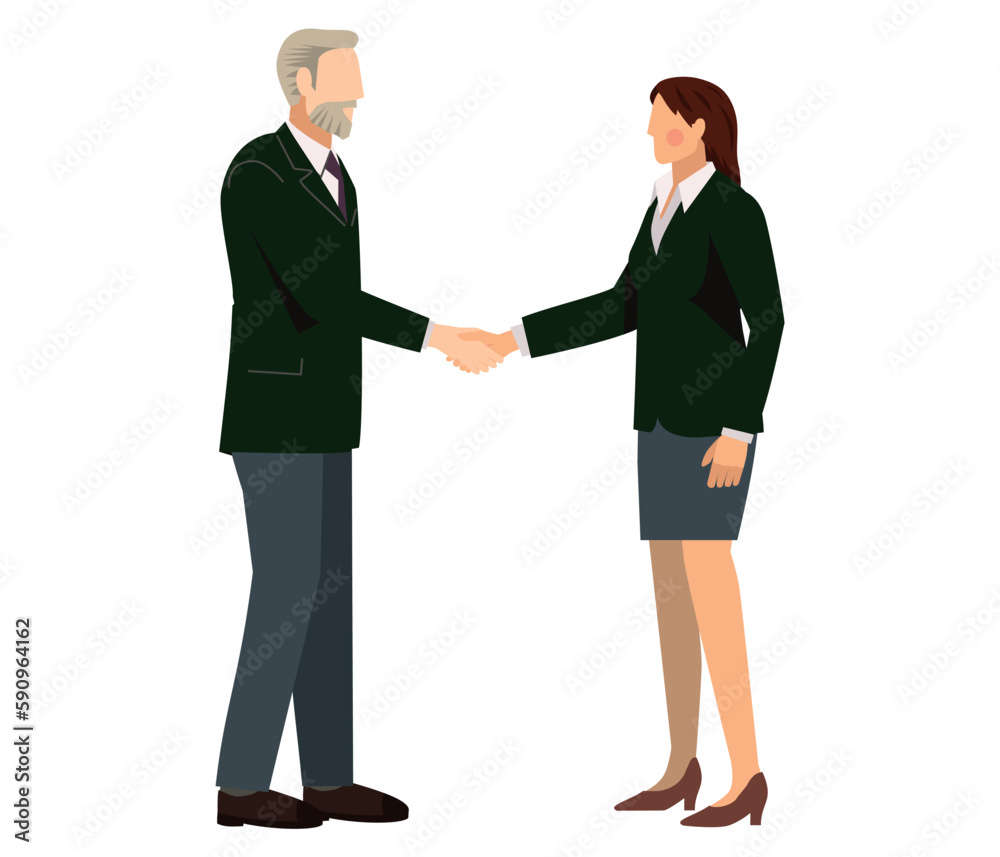 握手をするスーツ姿のシニア男性とスーツ姿の女性のイラスト ビジネスイメージ商談 握手をするスーツ姿のシニア男性とスーツ姿の女性のイラスト ビジネスイメージ商談