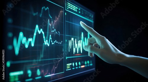 Businessman hand pointing at stock dashboard show on computer screen and profit neon lighting stock graph diagram on dark tone background and dark copy space business concept.