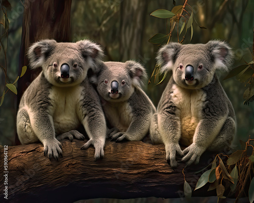 Adorable Koala Family Resting on Eucalyptus Tree © Maxim
