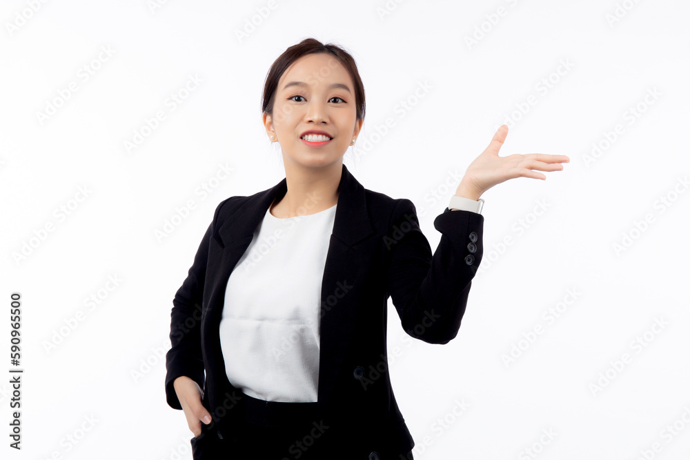 Portrait young asian business woman presenting isolated on white background, advertising and marketing, executive and manager, businesswoman standing with confident showing something with expression. Portrait young asian business woman presenting isolated on white background, advertising and marketing, executive and manager, businesswoman standing with confident showing something with expression.