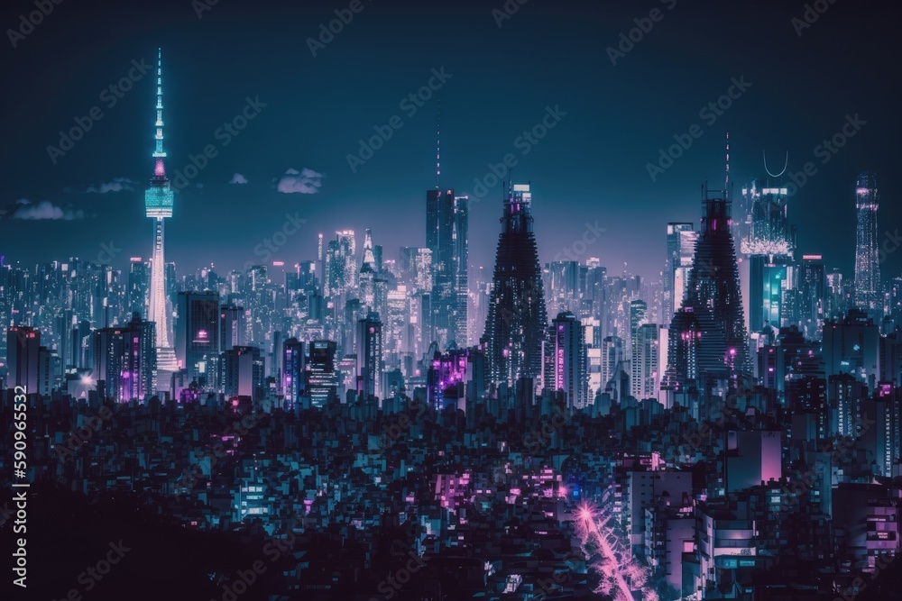 bustling metropolis skyline at night with towering skyscrapers. Generative AI