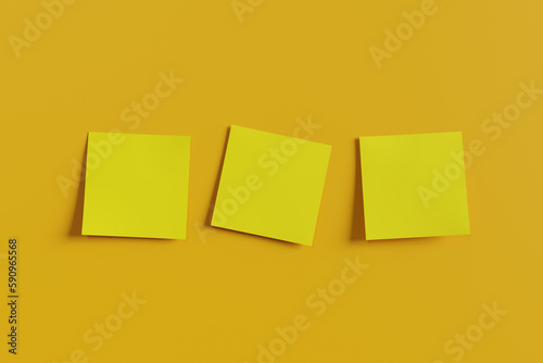Three square yellow notes on a yellow background. 3d rendering