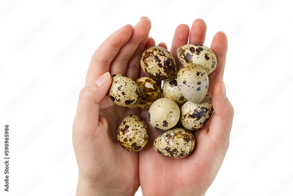 Pile of quail eggs in hand isolated on white background. eco healthy food concept Pile of quail eggs in hand isolated on white background. eco healthy food concept