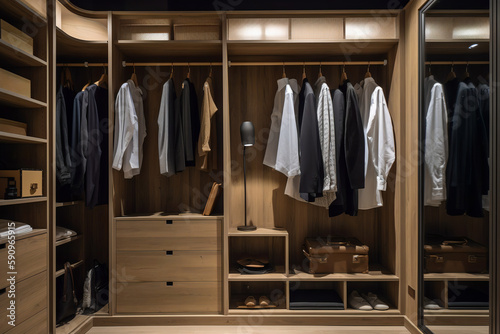 Front view of a sleek wooden wardrobe with hanging clothes in a tidy walk-in closet, showcasing modern interior design. generative ai photo