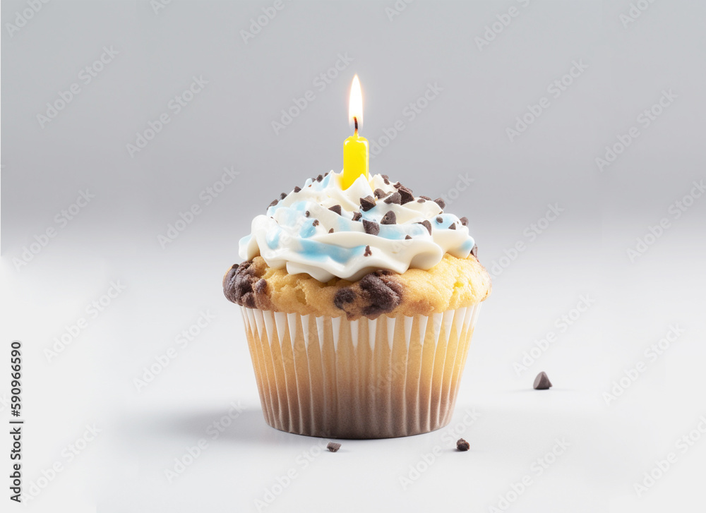 birthday cupcake with whipped cream, chocolate chips and yellow candle birthday cupcake with whipped cream, chocolate chips and yellow candle