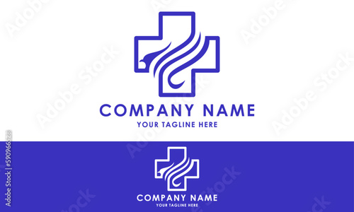 Blue Color Abstract Simple Cross Medic Bird Badge Logo Design