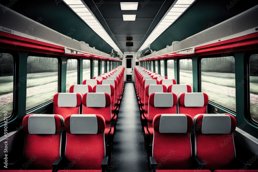 train car with vibrant red seats and windows. Generative AI