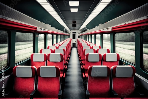 train car with vibrant red seats and windows. Generative AI