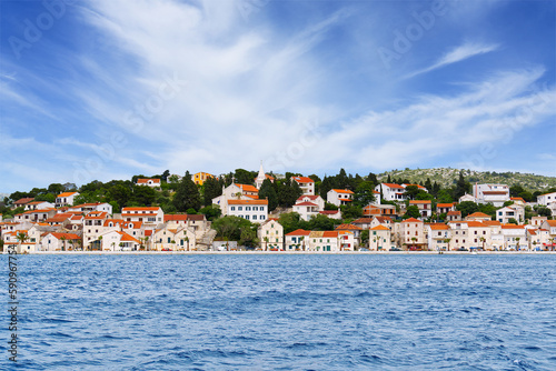 Adriatic town of Rogoznica aerial coastline view, central Dalmatia region of Croatia.