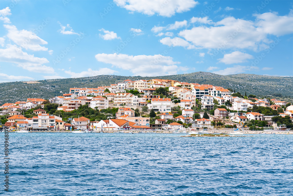Adriatic town of Rogoznica aerial coastline view, central Dalmatia region of Croatia.