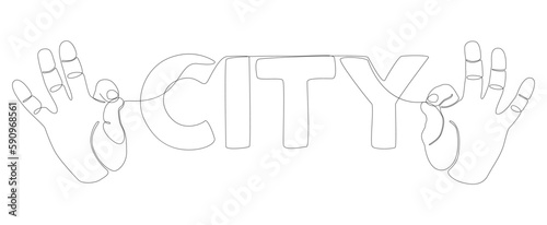 One continuous line of hand with City word. Thin Line Illustration vector concept. Contour Drawing Creative ideas.