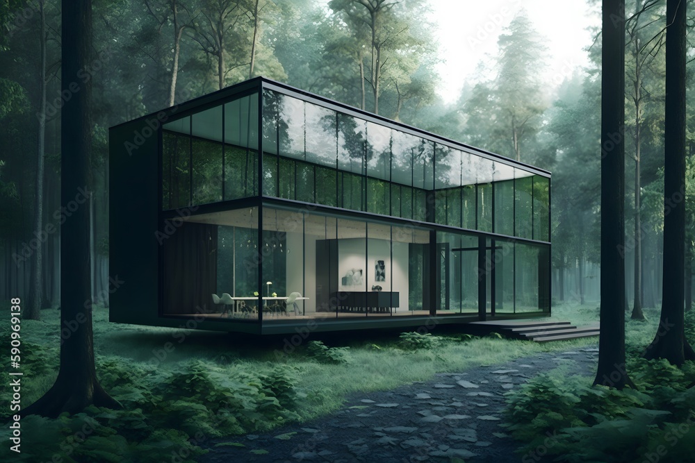 Modern House in Forest created using AI Generative Technology