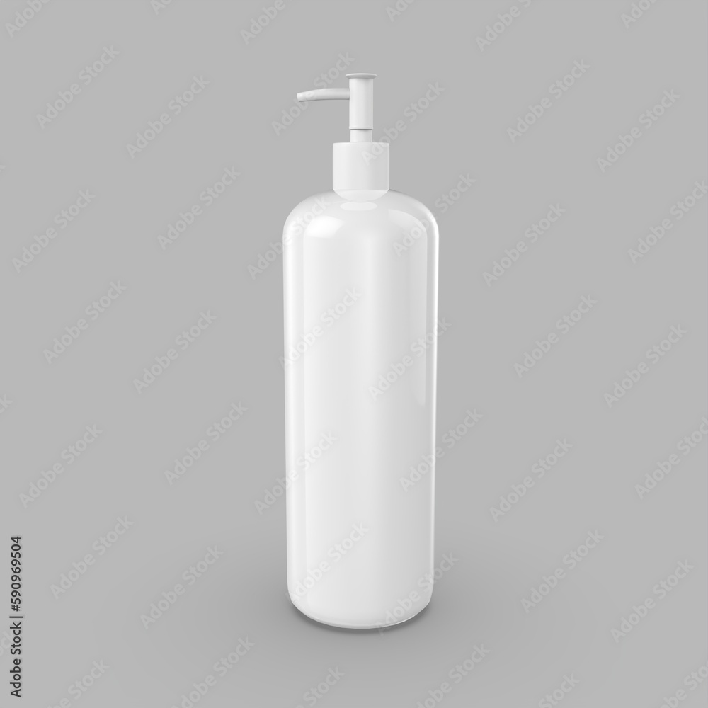 White Shampooing bottle in grey backdrop White Shampooing bottle in grey backdrop
