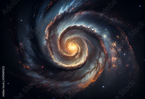a spiral galaxy with a blue center surrounded by stars and a black background with a white center and a blue center with a red center. generative ai