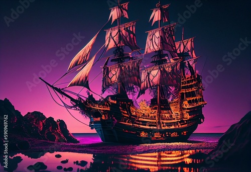 pirate ship sailing on the sea purple glowing  sea  bright. Generative AI