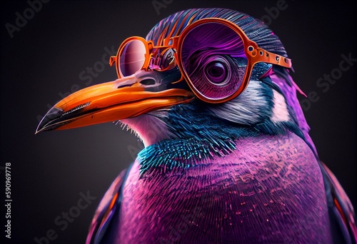 Un pingouin portant des lunettes de soleil réfléchissantes avec des tourbillons de rose néon ultraviolet. Generative AI photo