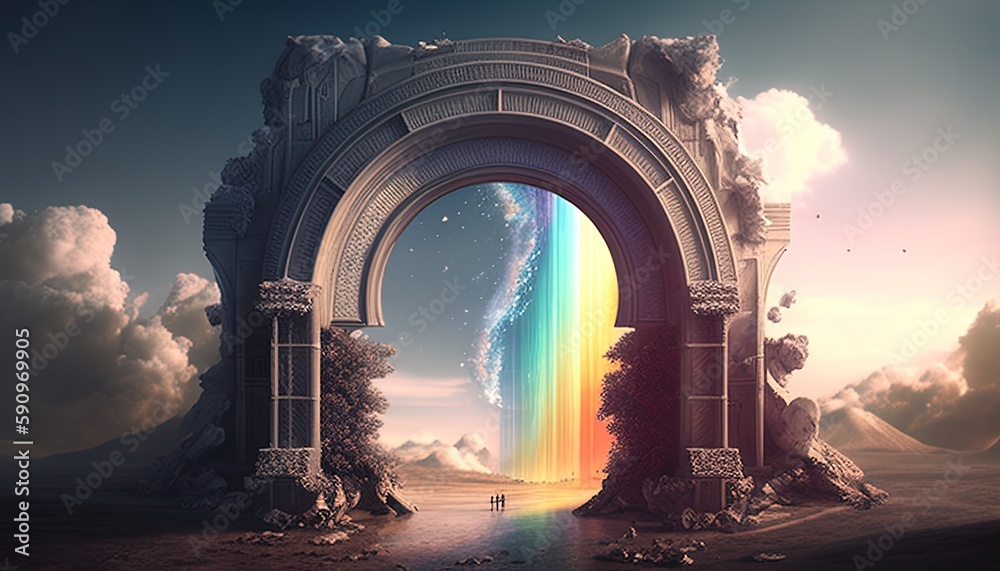 rainbow bridge portal, digital art illustration, Generative AI