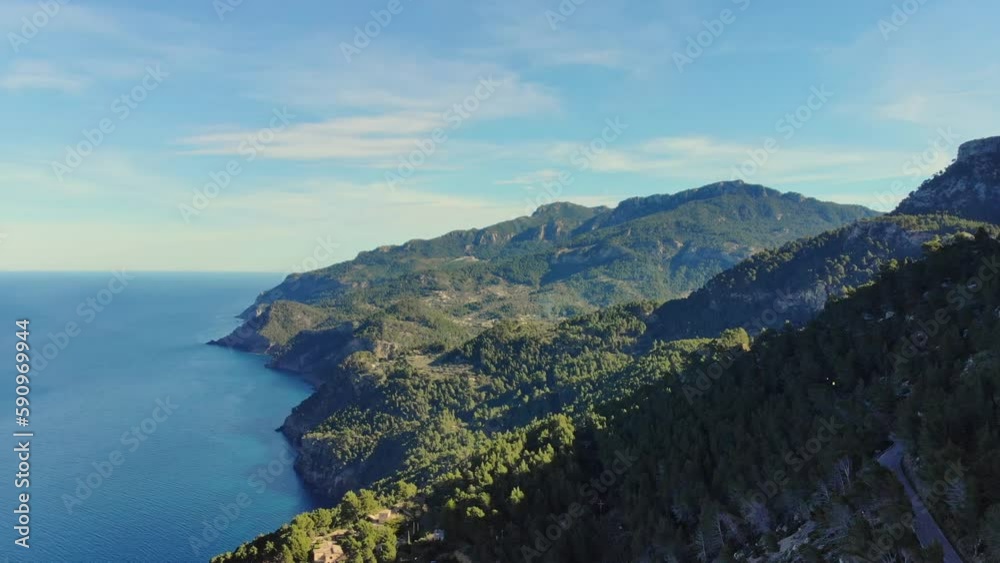 Drone rising with view over coast line on west side of Mallorca. Drone rising with view over coast line on west side of Mallorca.