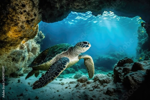 green turtle swimming in an underwater cave with light shining through. Generative AI