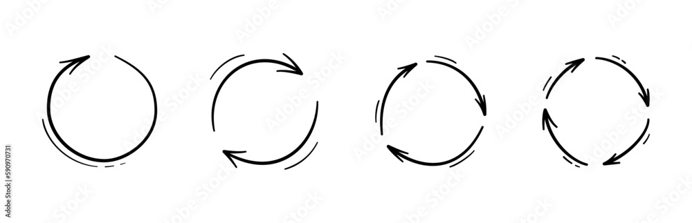 Round doodle arrows. Hand drawn circle arrow icons set. Recycle sketch signs. Repeat graphic line symbols. Vector doodle illustration isolated on white background. Round doodle arrows. Hand drawn circle arrow icons set. Recycle sketch signs. Repeat graphic line symbols. Vector doodle illustration isolated on white background.