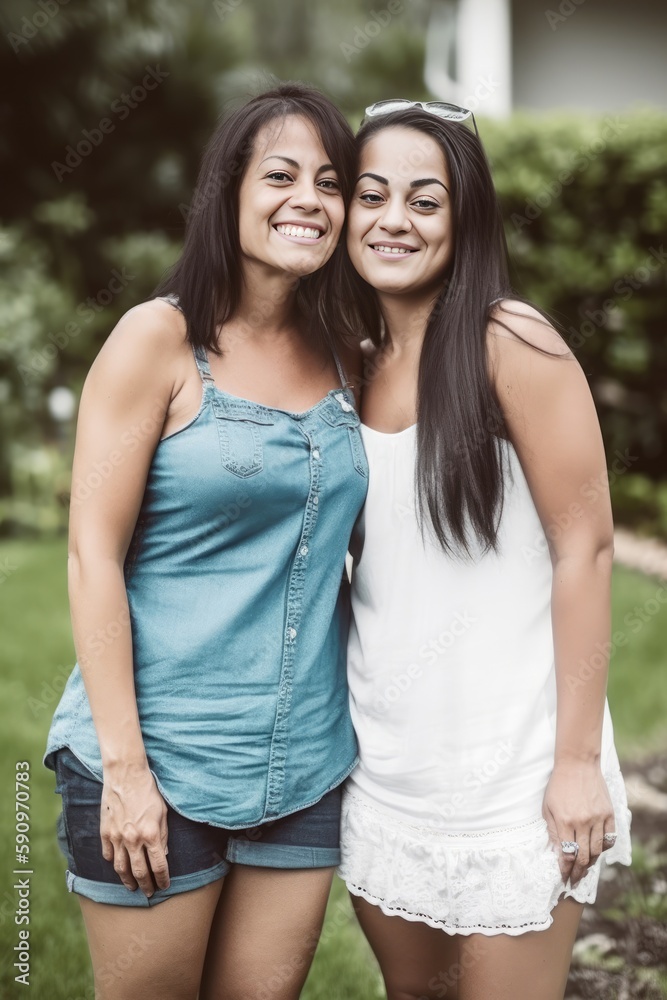 Obraz premium Smiling mid aged hispanic lesbian couple posing at their backyard. Generative AI