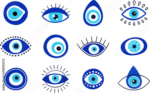 Evil eye talisman icons. Turkish or greek eye symbols. Greece ethnic magic amulet. Mystical blue hamsa icons set in hand drawn style. Nazar amulet symbol. Vector illustration isolated in doodle style.