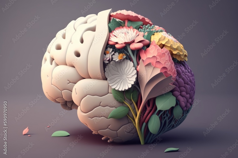 Human brain with spring flowers, symbolizing mental health and self ...