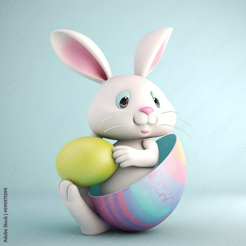 Obraz premium cute bunny holding an egg. Generative ai 