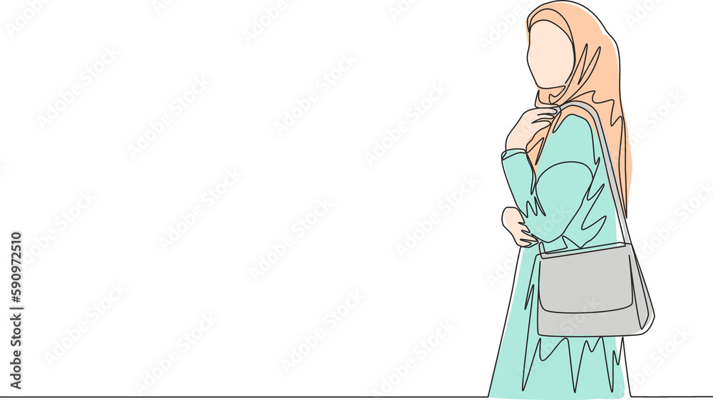 One single line drawing of young happy muslimah on Islamic cloth carrying a purse ready to hangout. Pretty Asian women model in hijab fashion concept continuous line draw design vector illustration One single line drawing of young happy muslimah on Islamic cloth carrying a purse ready to hangout. Pretty Asian women model in hijab fashion concept continuous line draw design vector illustration