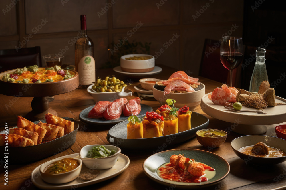 beautifully set dinner table, many different dishes created with Generative AI technology beautifully set dinner table, many different dishes created with Generative AI technology