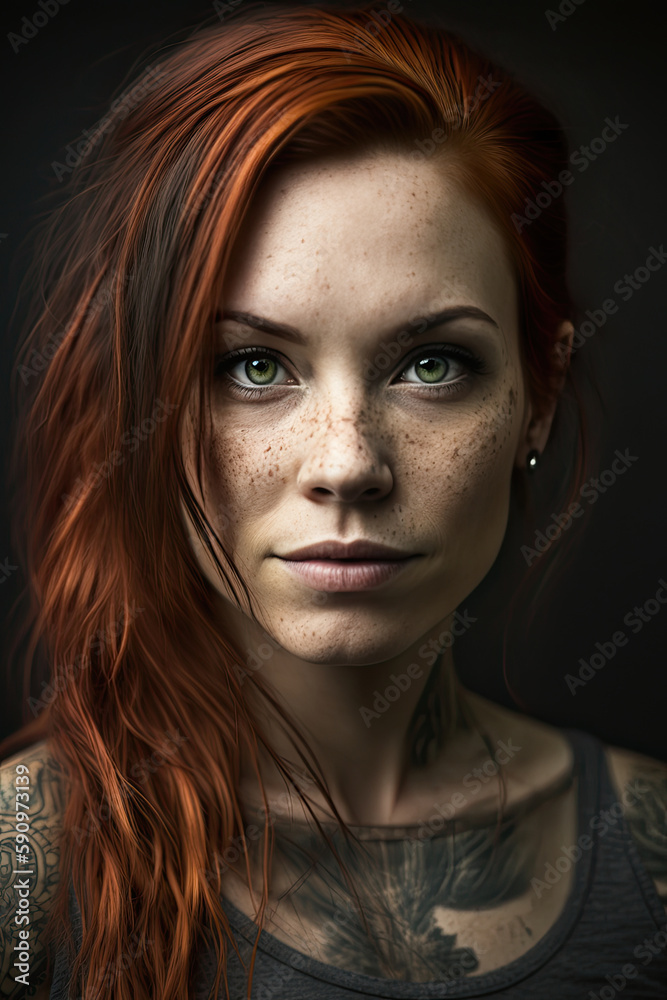 young woman with freckles on her face, she has beautiful green eyes and is tattooed created with Generative AI technology