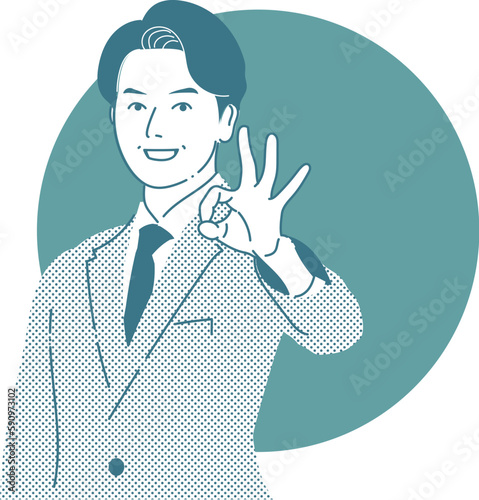 OKポーズのビジネスマン-モノクロ