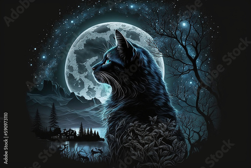 Black cat with full moon and surreal cosmic sky background illustration. Generative AI © JoelMasson