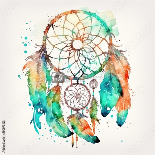 Abstract of dreamcather with colorful watercolor in hand drawn. Concept of belief in amulet decorated by feathers with net handmade. Finest generative AI. photo