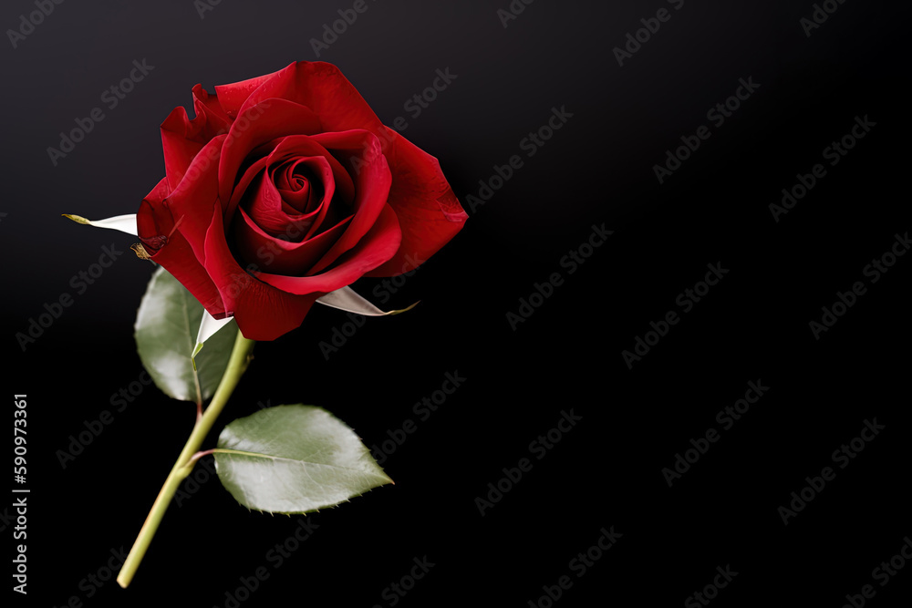 Beautiful red rose as a symbol of love on black background with copy space. Created with Generative AI Technology