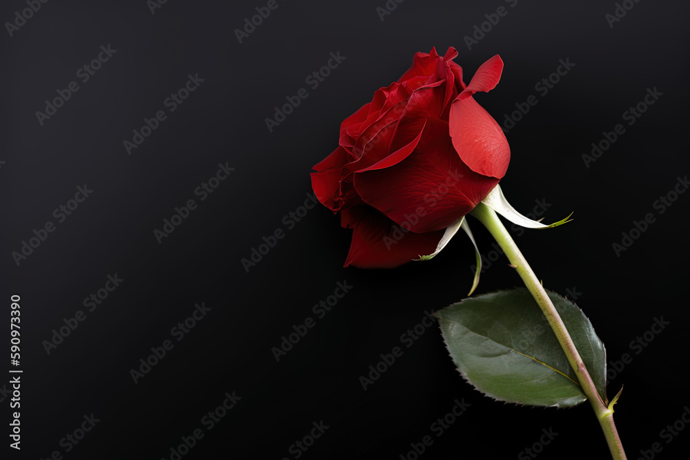 Obraz premium Beautiful red rose as a symbol of love on black background with copy space. Created with Generative AI Technology